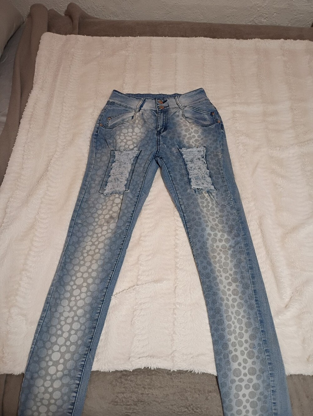 VIP Light Blue Skinny Jeans with Polka-Dot Wash and Knee Patch Detail